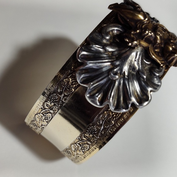 Vintage Sonja Lea Gold, Silver and Brass Tone Cherub Wide Cuff Ornate Bracelet - Picture 10 of 16